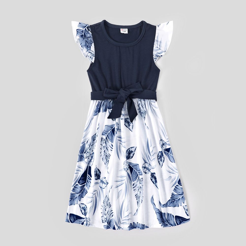 Family Matching Solid V Neck Ruffle Sleeveless Splicing Palm Leaf Print Dresses and Short-sleeve T-shirts Sets royalblue big image 5