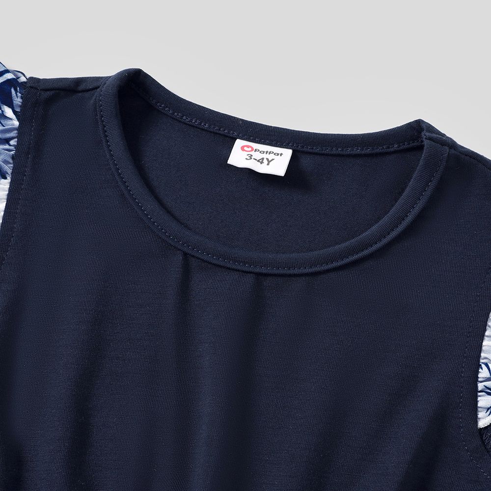 Family Matching Solid V Neck Ruffle Sleeveless Splicing Palm Leaf Print Dresses and Short-sleeve T-shirts Sets royalblue big image 6