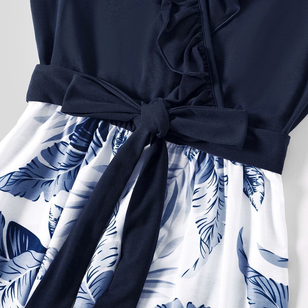 Family Matching Solid V Neck Ruffle Sleeveless Splicing Palm Leaf Print Dresses and Short-sleeve T-shirts Sets royalblue big image 4