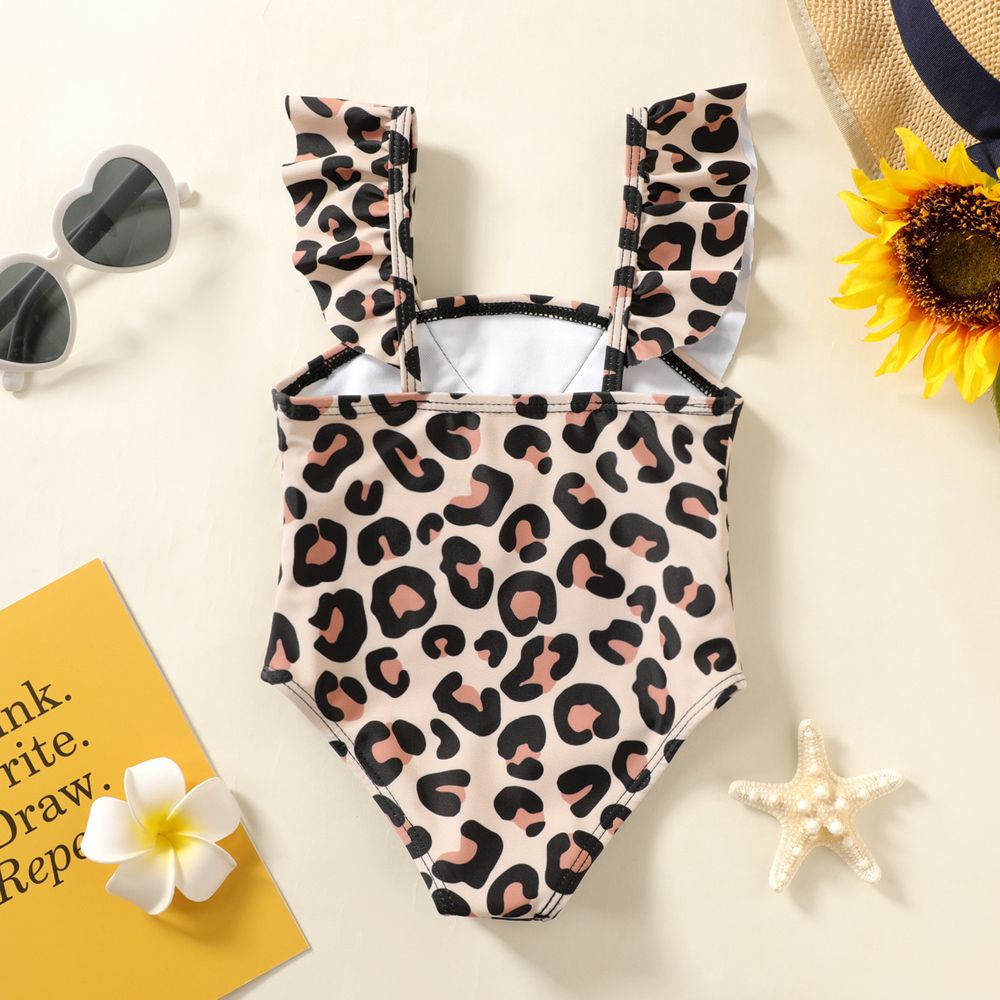 Baby Girl Leopard Print Ruffle Trim One-piece Swimsuit Khaki big image 2