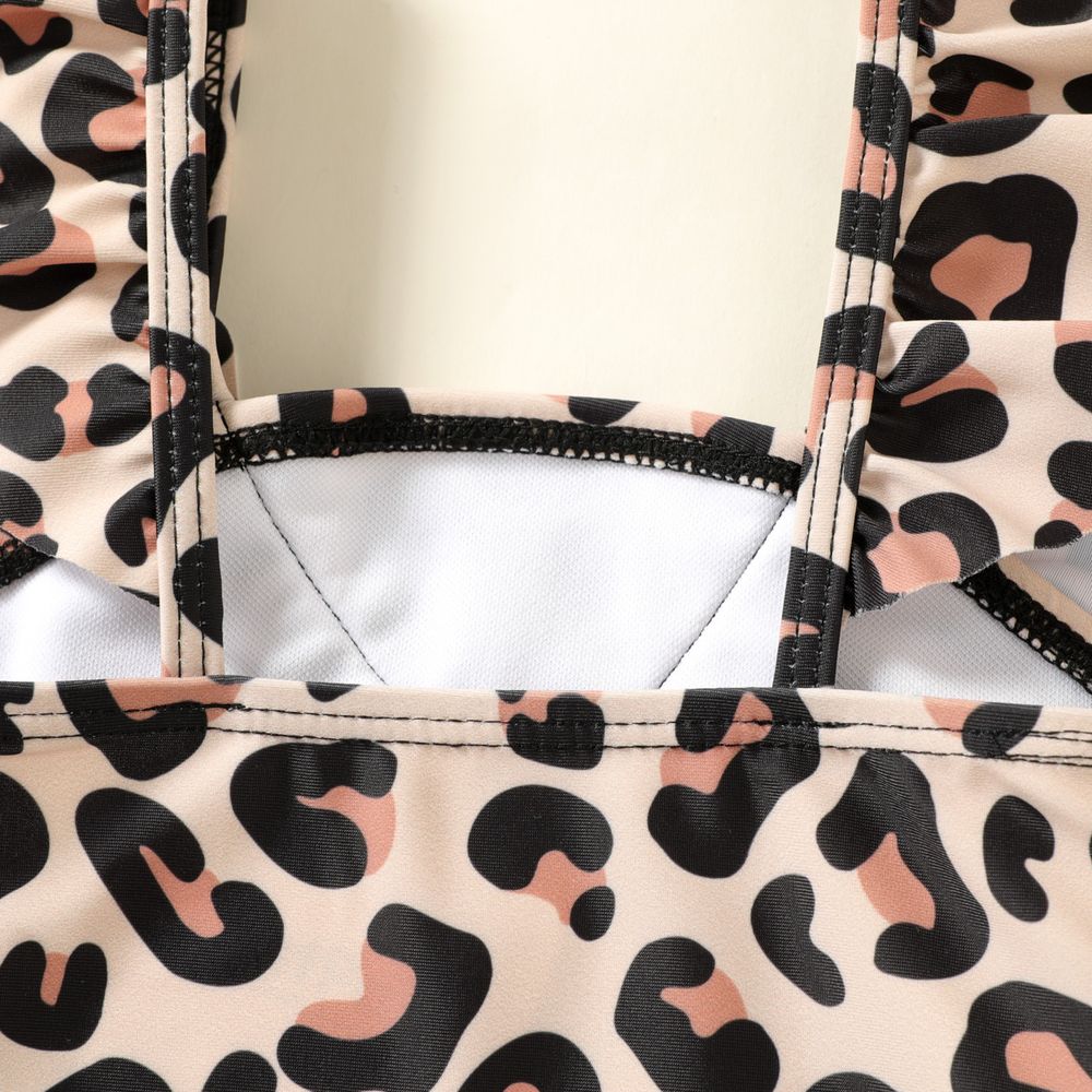 Baby Girl Leopard Print Ruffle Trim One-piece Swimsuit Khaki big image 3