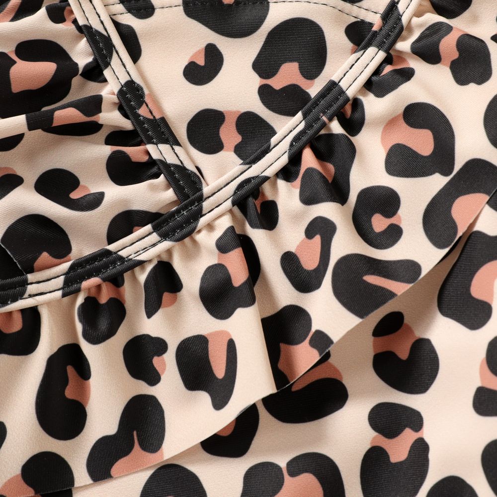 Baby Girl Leopard Print Ruffle Trim One-piece Swimsuit Khaki big image 4