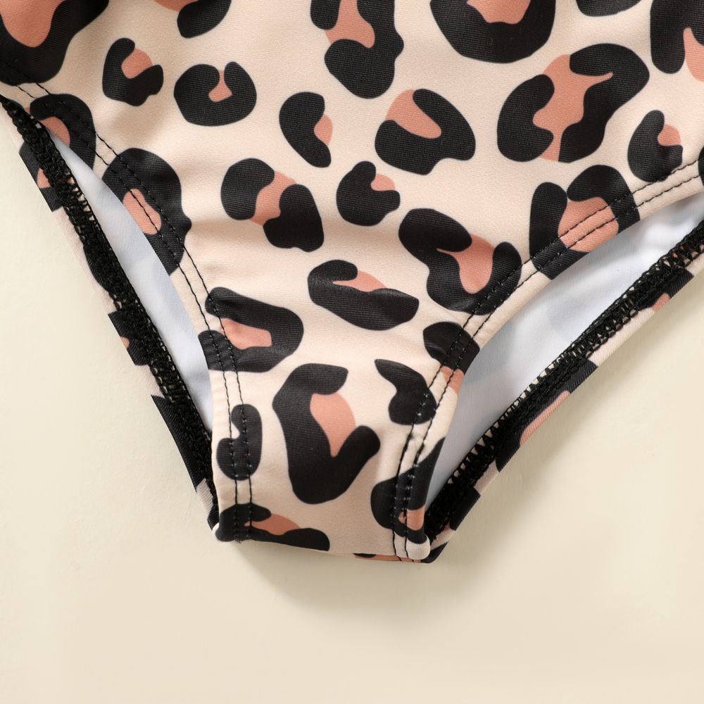 Baby Girl Leopard Print Ruffle Trim One-piece Swimsuit Khaki big image 5