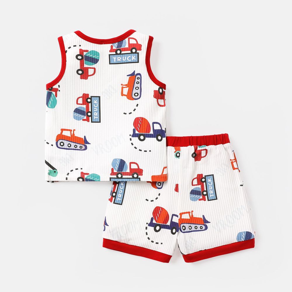 2pcs Baby Boy Cotton Ribbed Allover Vehicle Print Tank Top & Shorts Set REDWHITE big image 2