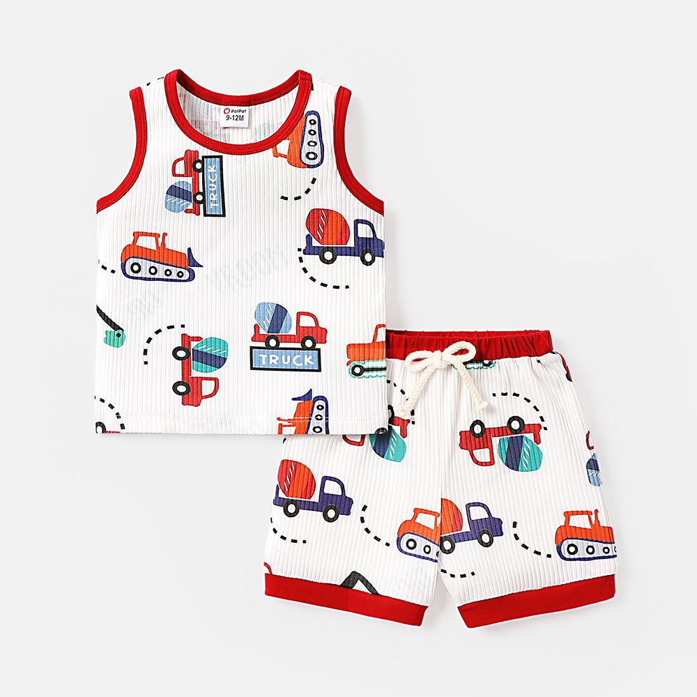 2pcs Baby Boy Cotton Ribbed Allover Vehicle Print Tank Top & Shorts Set REDWHITE big image 1