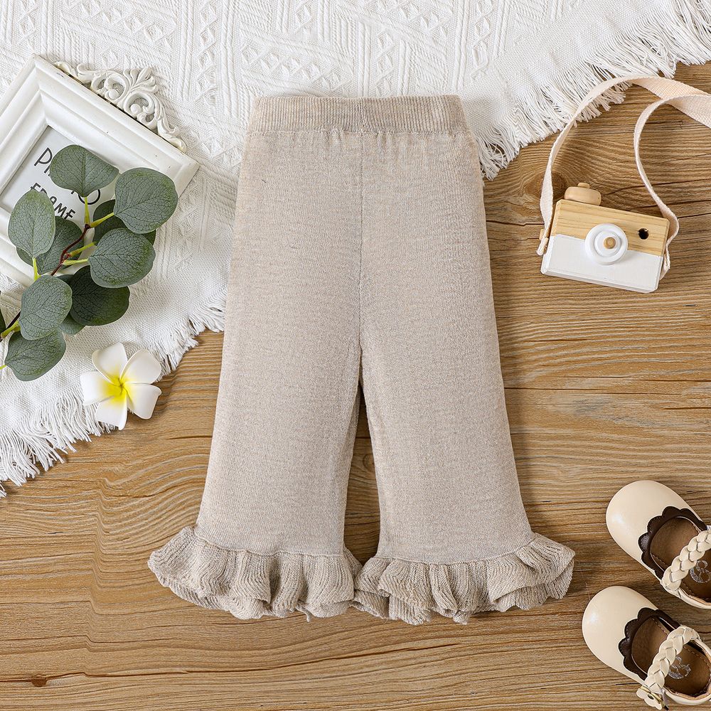 Baby Girl Solid Knitted Ruffle Trim Flared Pants Gold big image 3