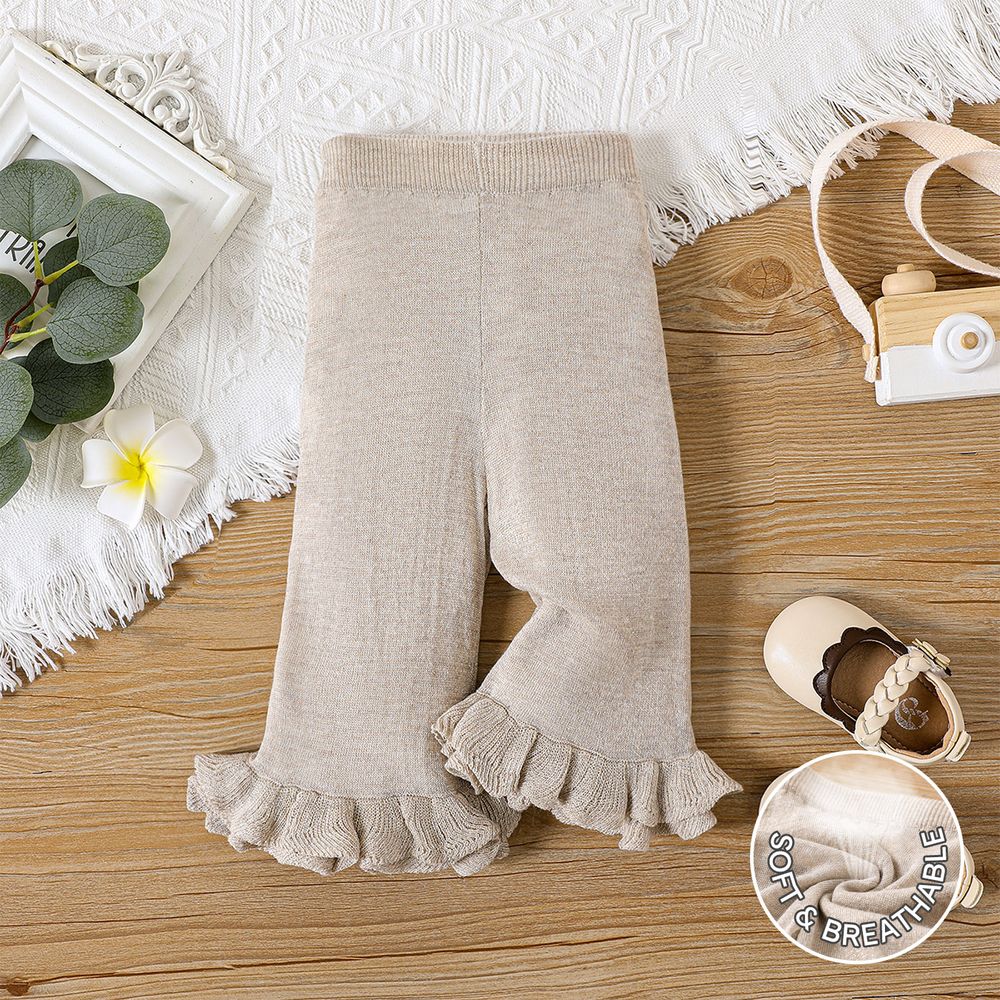 Baby Girl Solid Knitted Ruffle Trim Flared Pants Gold big image 1