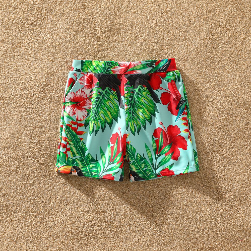 Family Matching Allover Tropical Plant Print Spliced One-piece Swimsuit and Swim Trunks Red big image 12