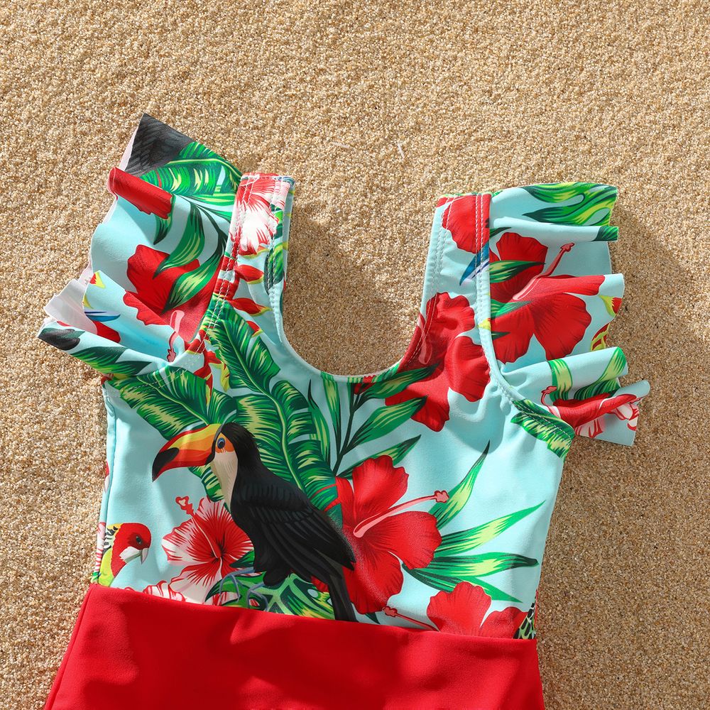 Family Matching Allover Tropical Plant Print Spliced One-piece Swimsuit and Swim Trunks Red big image 10