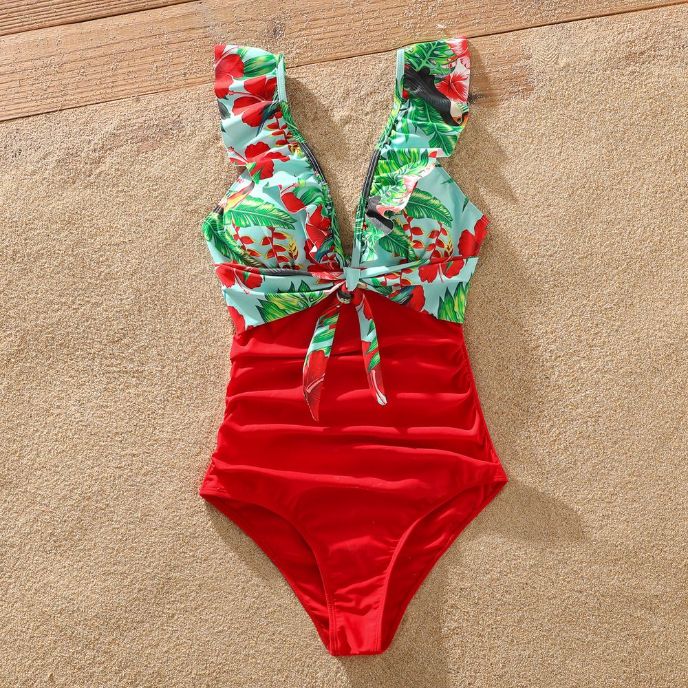 Family Matching Allover Tropical Plant Print Spliced One-piece Swimsuit and Swim Trunks Red big image 3