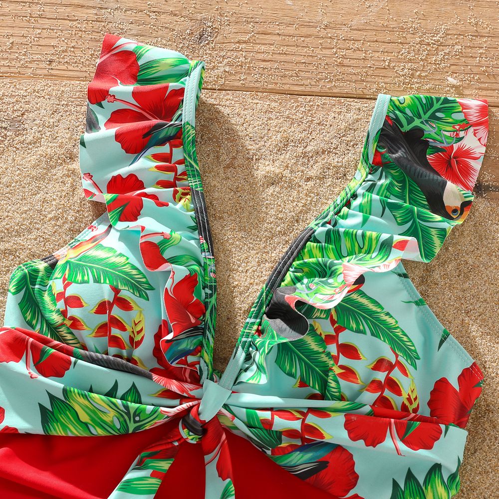 Family Matching Allover Tropical Plant Print Spliced One-piece Swimsuit and Swim Trunks Red big image 9