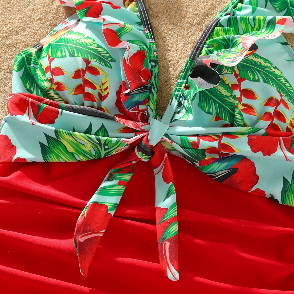 Family Matching Allover Tropical Plant Print Spliced One-piece Swimsuit and Swim Trunks Red big image 4