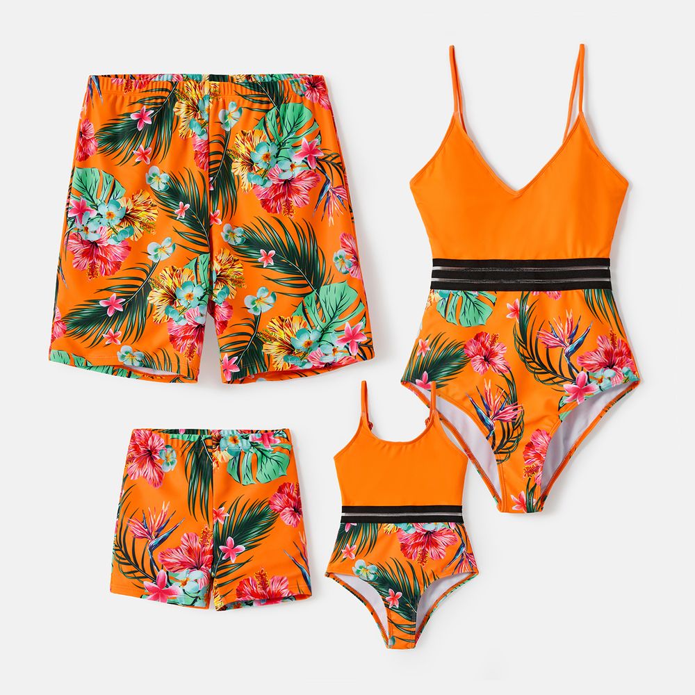 Family Matching Floral Print Orange One-piece Swimsuit and Swim Trunks Orange color big image 6