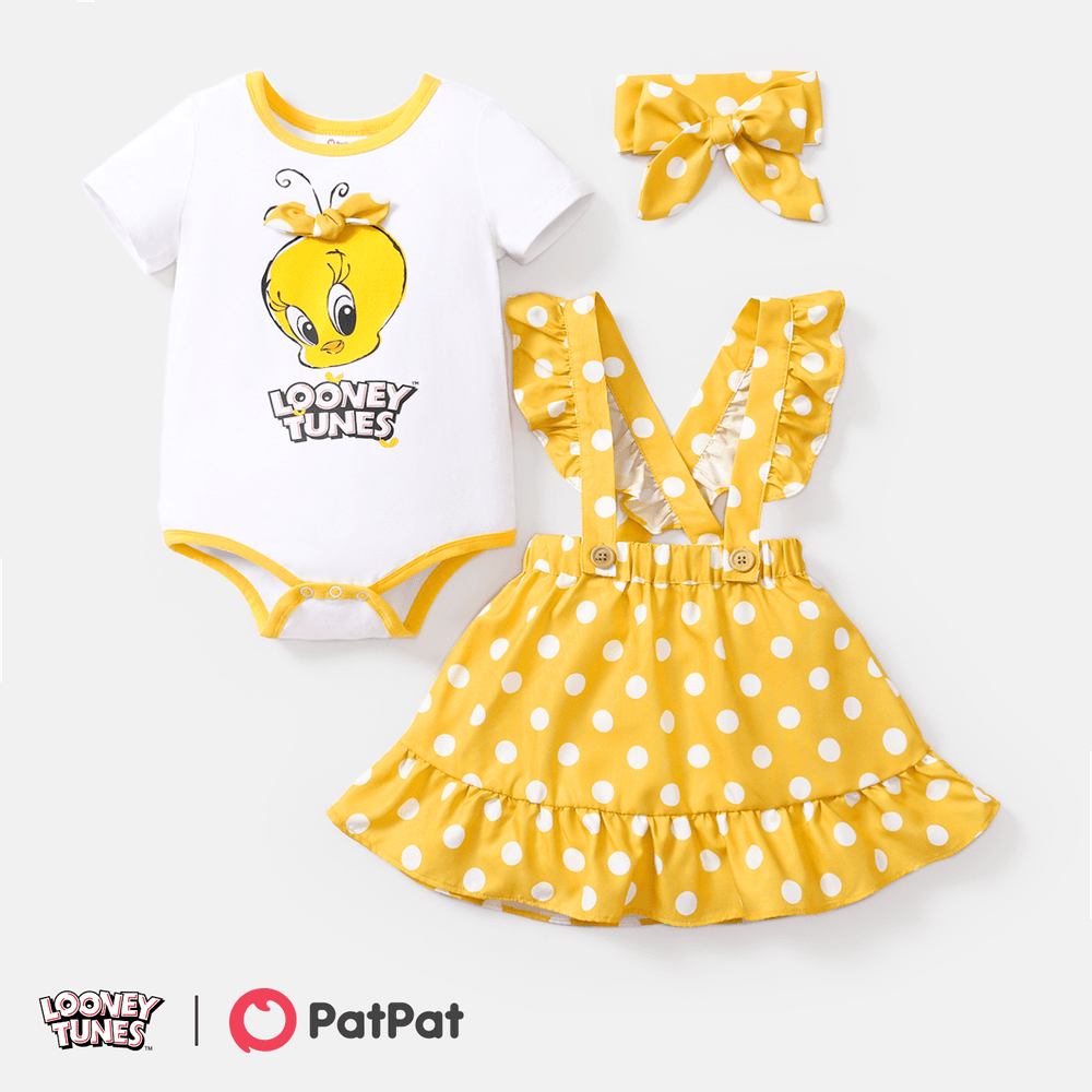 Looney Tunes 3pcs Baby Girl Cotton Short-sleeve Graphic Romper and Polka Dot Print Ruffle Trim Suspender Skirt & Headband Set Yellow big image 1