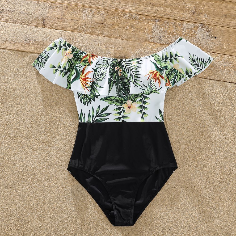 Family Matching Plant Print Ruffle Trim Spliced One-Piece Swimsuit and Swim Trunks ColorBlock big image 3