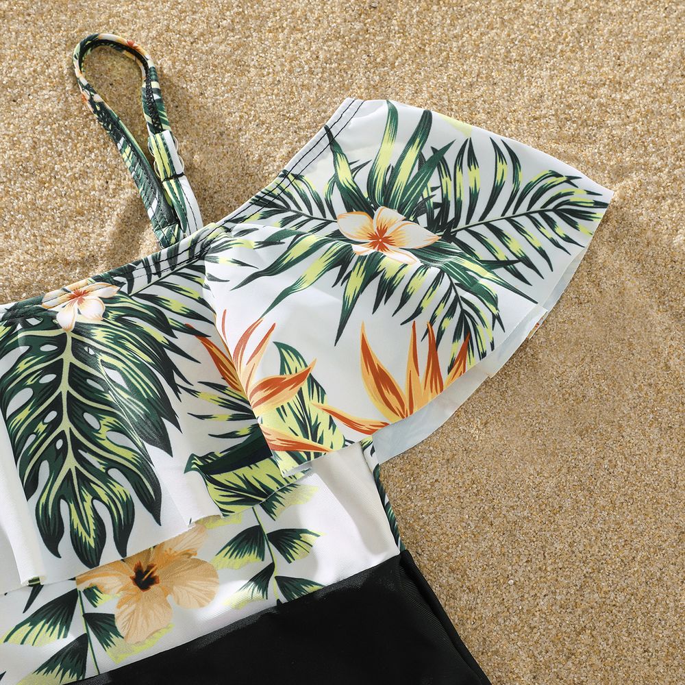 Family Matching Plant Print Ruffle Trim Spliced One-Piece Swimsuit and Swim Trunks ColorBlock big image 7