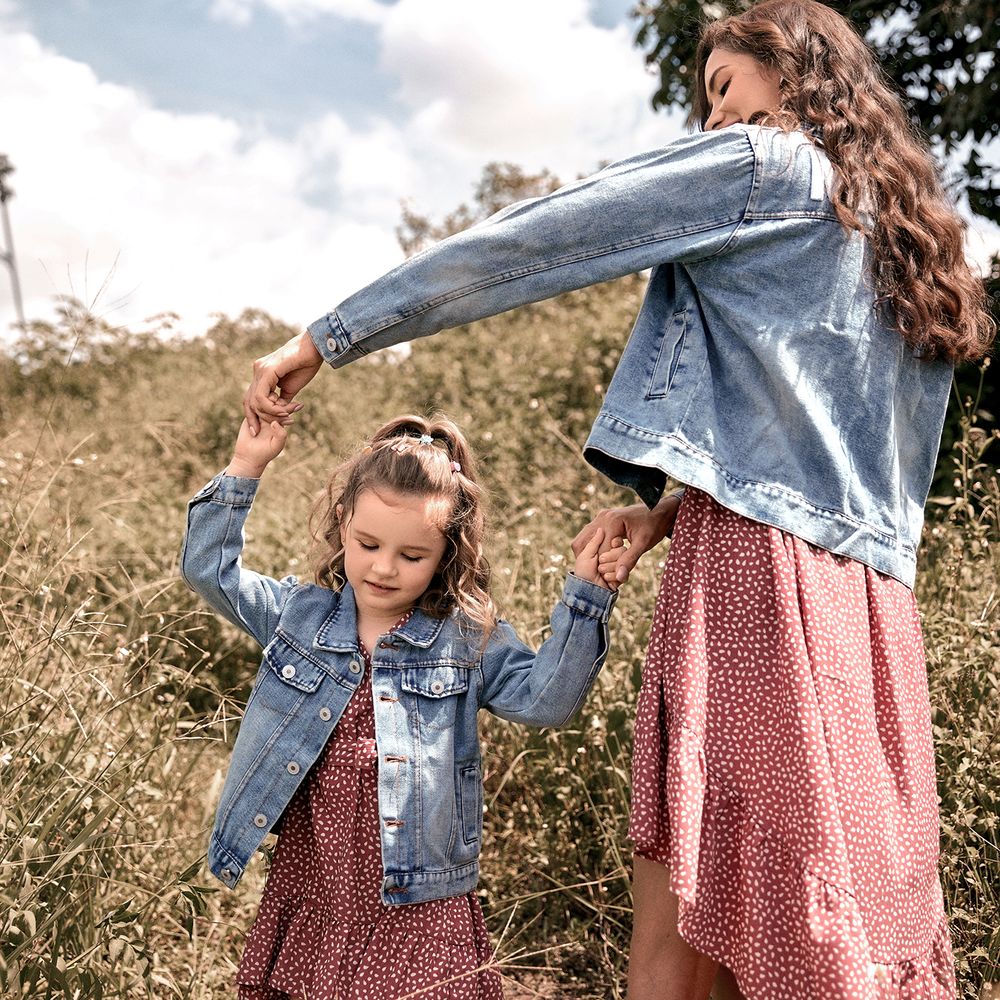 Mommy and Me Letter Embroidered Light Blue Distressed Denim Jackets Light Blue big image 3