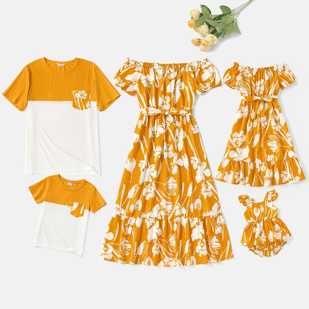 Family Matching Cotton Short-sleeve Colorblock T-shirts and Floral Print Off Shoulder Belted Dresses Sets Yellow big image 1