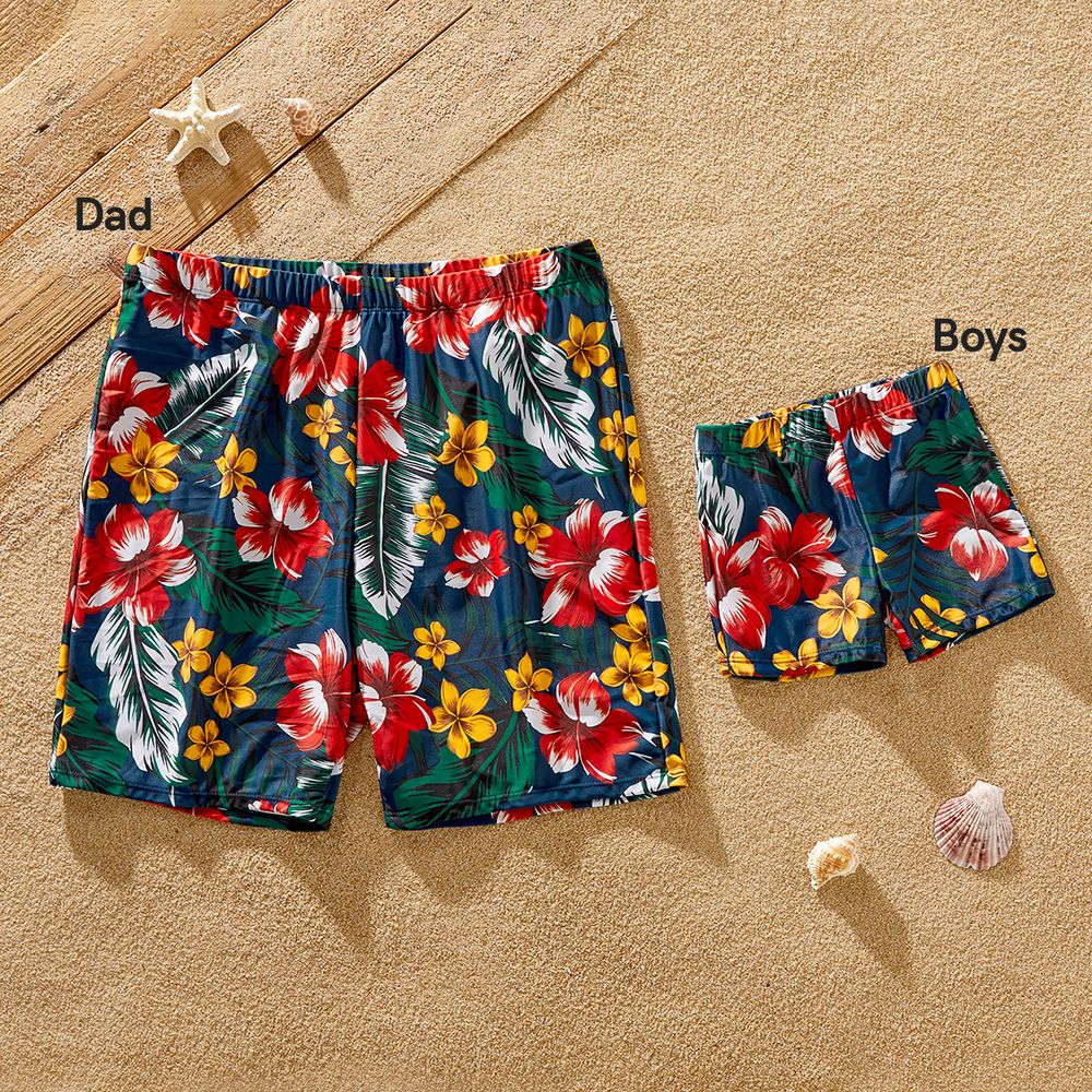 Family Matching Floral Print & Solid Spliced Ruffle Trim One-piece Swimsuit and Swim Trunks Red big image 4