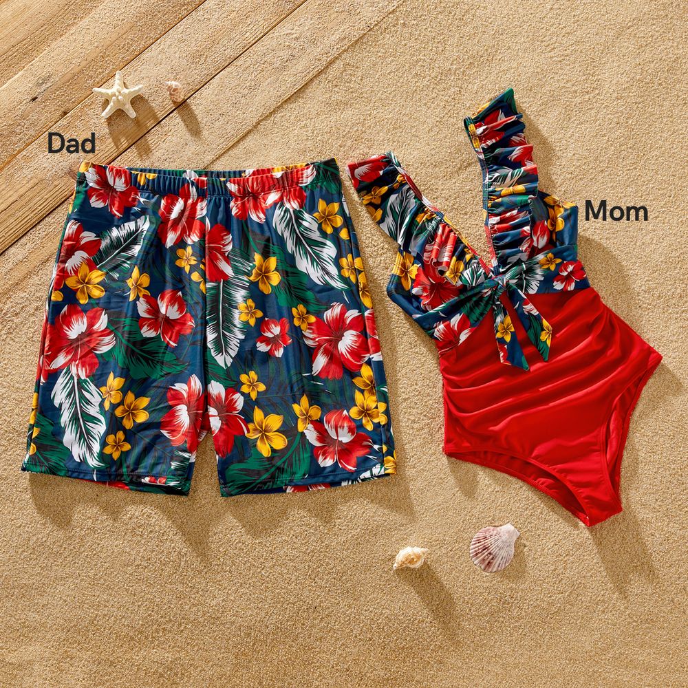 Family Matching Floral Print & Solid Spliced Ruffle Trim One-piece Swimsuit and Swim Trunks Red big image 5