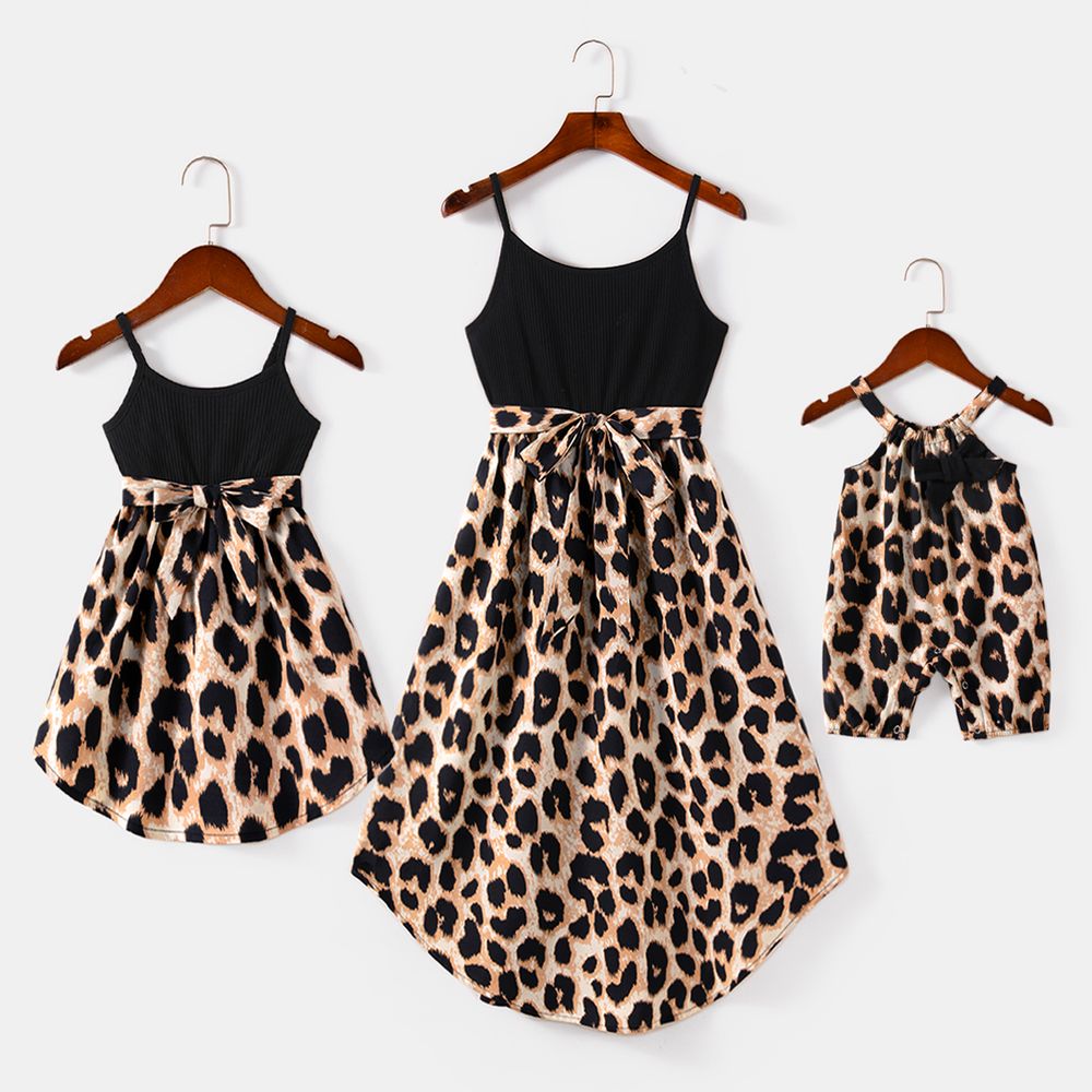 Family Matching 95% Cotton Short-sleeve T-shirts and Rib Knit Spliced Leopard Belted Cami Dresses Sets Black big image 3