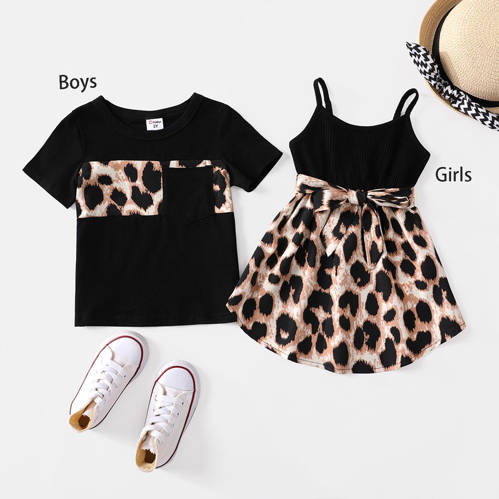Family Matching 95% Cotton Short-sleeve T-shirts and Rib Knit Spliced Leopard Belted Cami Dresses Sets Black big image 7