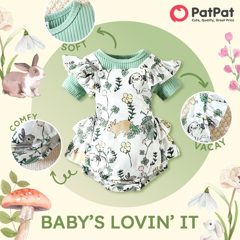 Baby Girl Allover Rabbit Print Sets Pasto verde big image 5