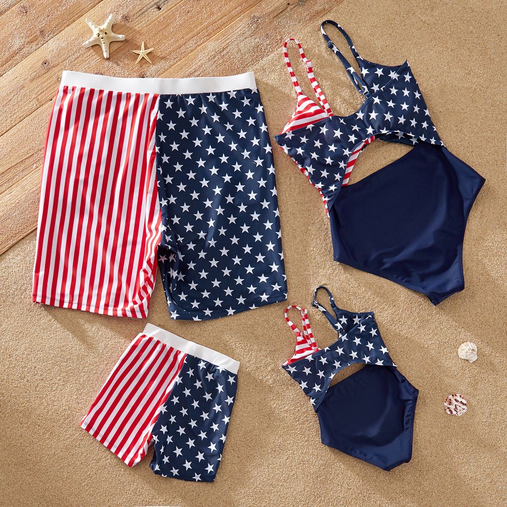 Independence Day Family Matching Star & Striped Spliced Knot Front Cut Out One-piece Swimsuit or Swim Trunks Shorts Multi-color big image 2