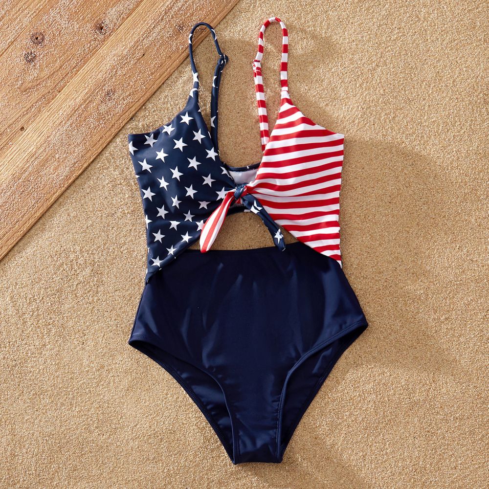 Independence Day Family Matching Star & Striped Spliced Knot Front Cut Out One-piece Swimsuit or Swim Trunks Shorts Multi-color big image 5