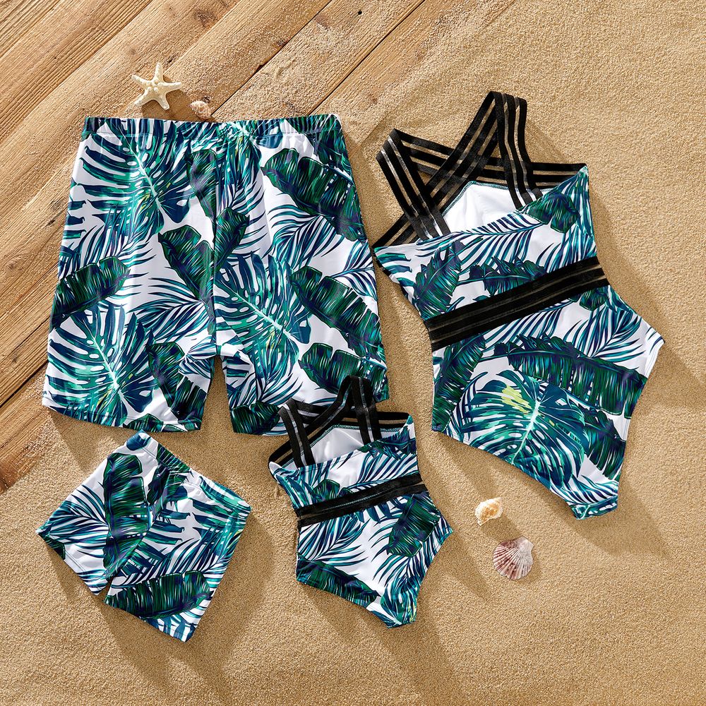 Family Matching Allover Palm Leaf Print Crisscross One-piece Swimsuit and Swim Trunks Green big image 2