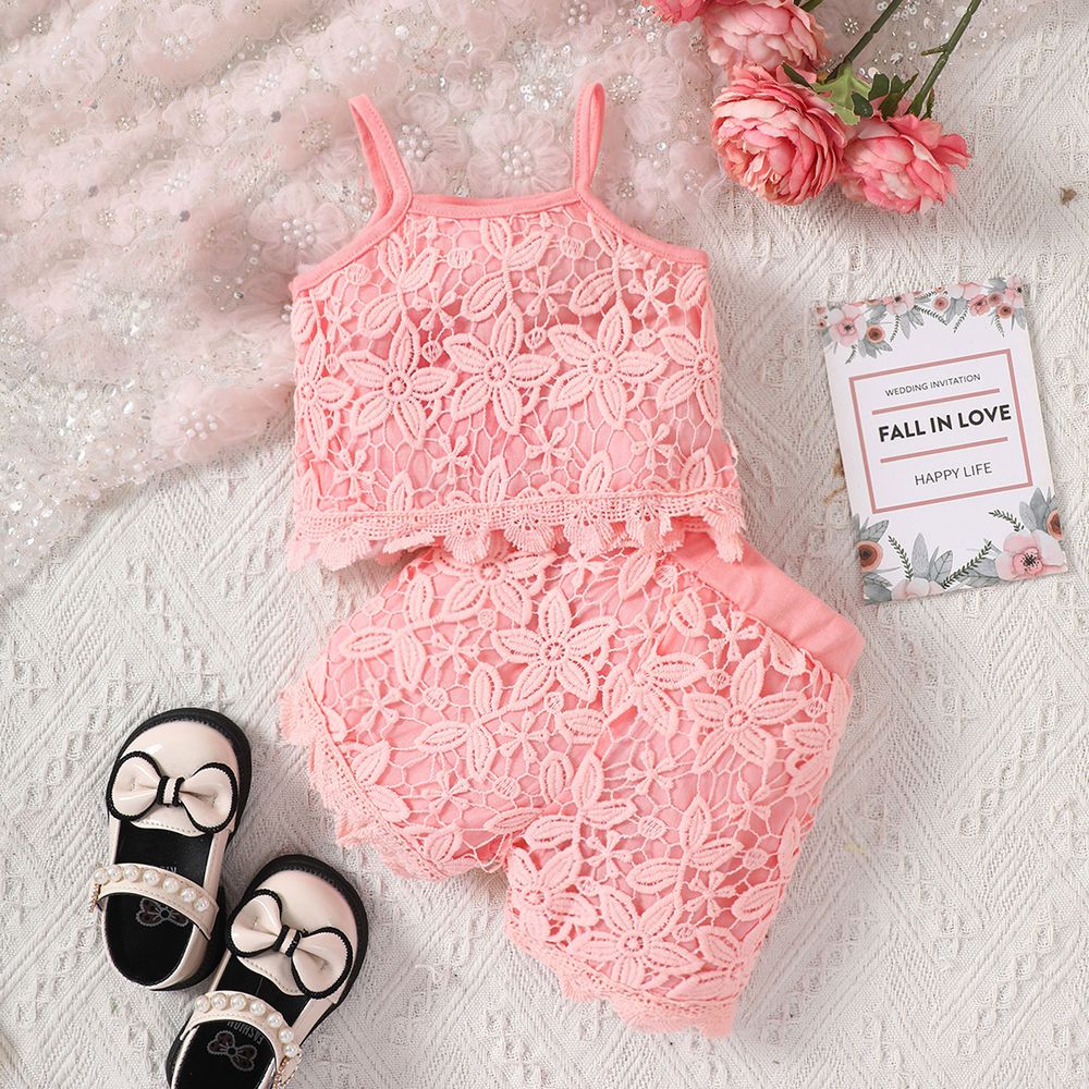 2pcs Baby Girl Pink Floral Jacquard Camisole and Shorts Set Pink big image 2