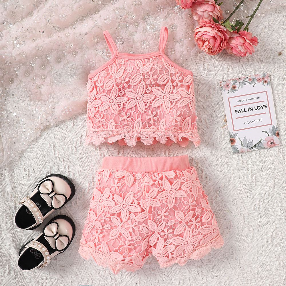 2pcs Baby Girl Pink Floral Jacquard Camisole and Shorts Set Pink big image 1