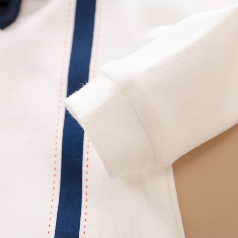 100% Cotton Color Block Lapel Collar Bow Tie Decor Faux-two Long-sleeve Baby Jumpsuit White big image 4