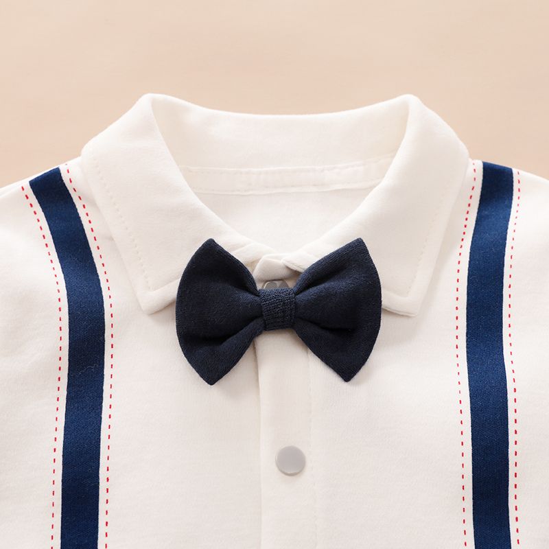 100% Cotton Color Block Lapel Collar Bow Tie Decor Faux-two Long-sleeve Baby Jumpsuit White big image 3