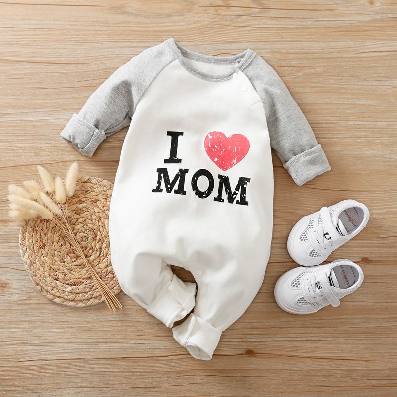 100% Cotton Letter and Heart Print Long-sleeve Baby Jumpsuit White big image 2