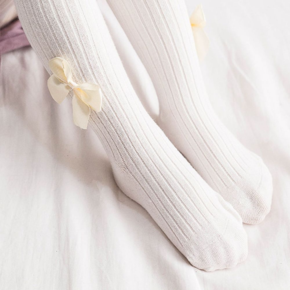 Toddler / Kid Bow Decor Plain Ribbed Tights Pantyhose White big image 4