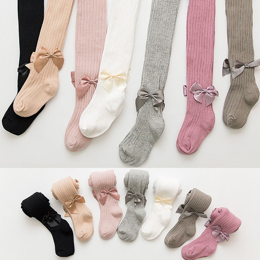 Toddler / Kid Bow Decor Plain Ribbed Tights Pantyhose White big image 5
