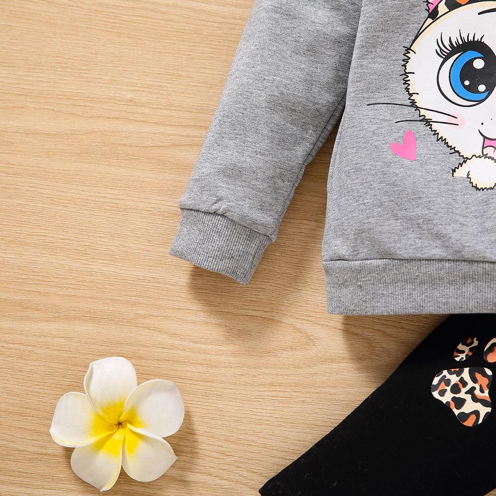 2-piece Toddler Girl Cat Print Pullover Sweatshirt and Leopard Print Pants Set Grey big image 3