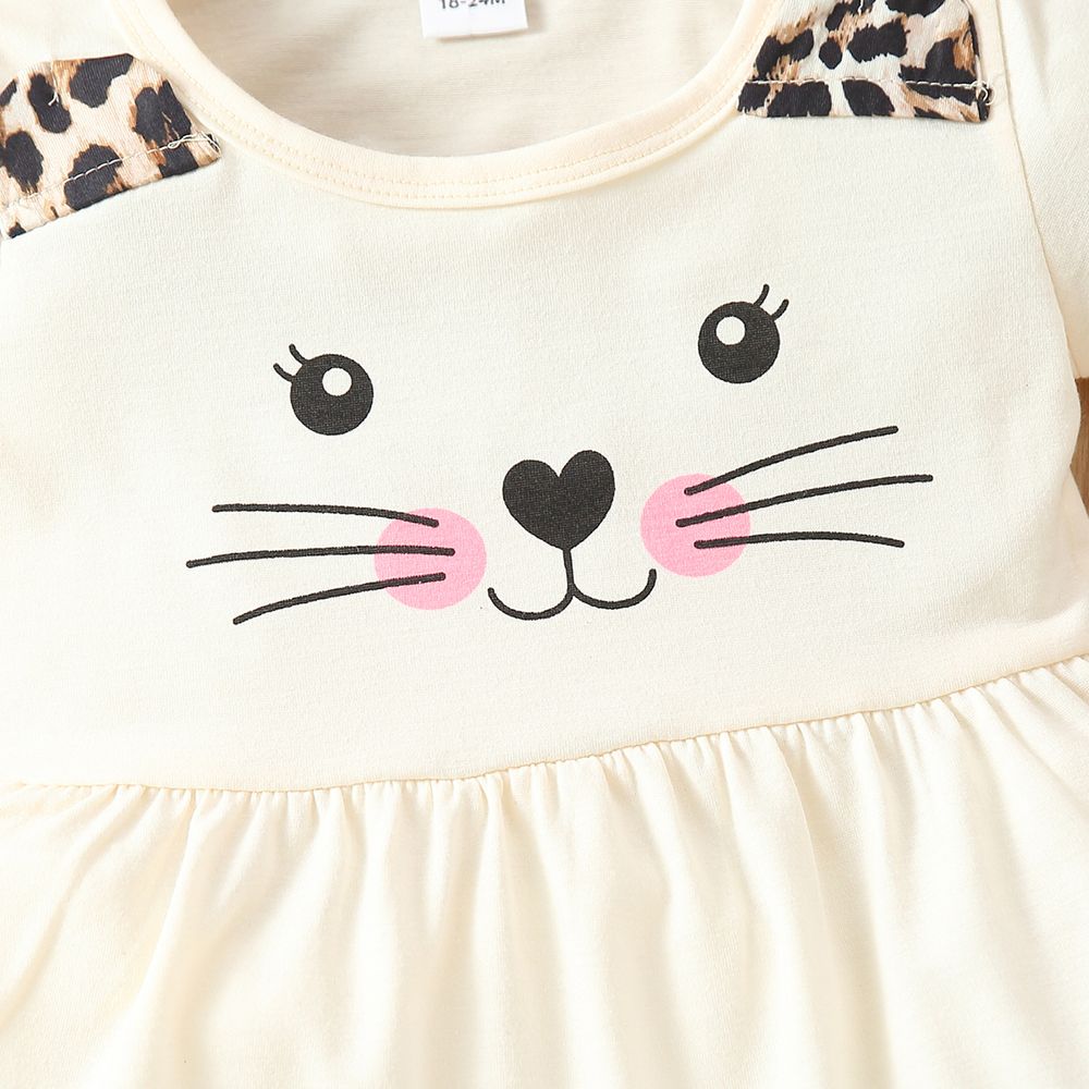 2-piece Toddler Girl Letter Cat Print Ear Design Tee and Leopard Print Pants Set Beige big image 4
