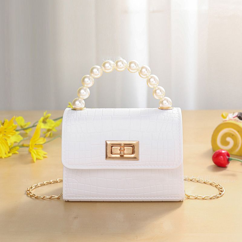 Kids Faux Pearl Handle Metal Lock Chain Croc Embossed Satchel Bag White big image 1