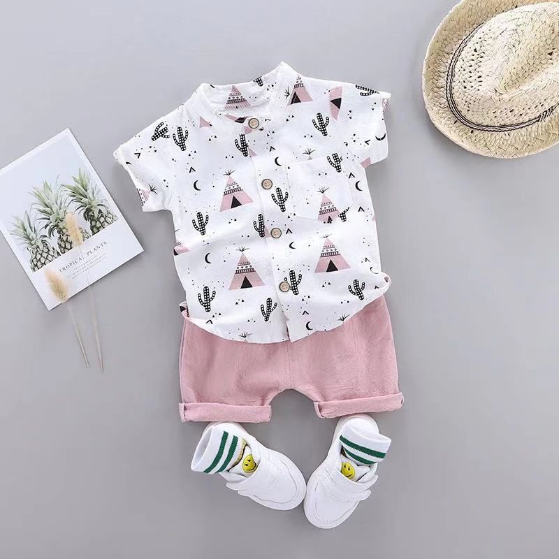 2pcs Baby Boy 95% Cotton Short-sleeve All Over Cactus Print Button Up Shirt and Solid Shorts Set Pink big image 4