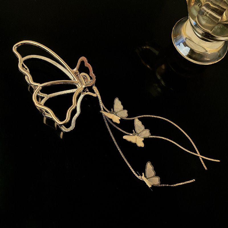Women Butterfly Pearl Pendant Tassel Hair Claw Hair Accessory Pale Yellow big image 1