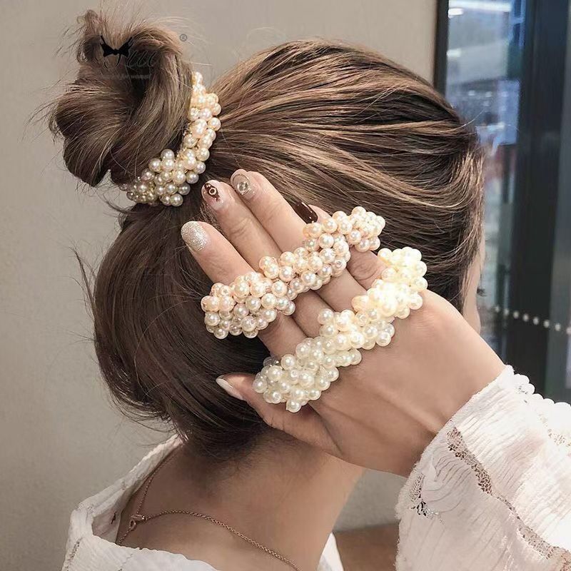 Women Hair Accessories Flower Pearl Beauty Elastic Hair Loop the Dress Up Girls White big image 1