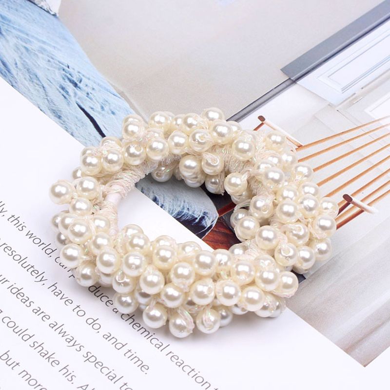 Women Hair Accessories Flower Pearl Beauty Elastic Hair Loop the Dress Up Girls White big image 5