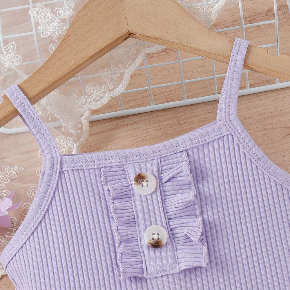 2pcs Toddler Girl Sweet Ruffled Ribbed Camisole and Butterfly Print Shorts Set Purple big image 3