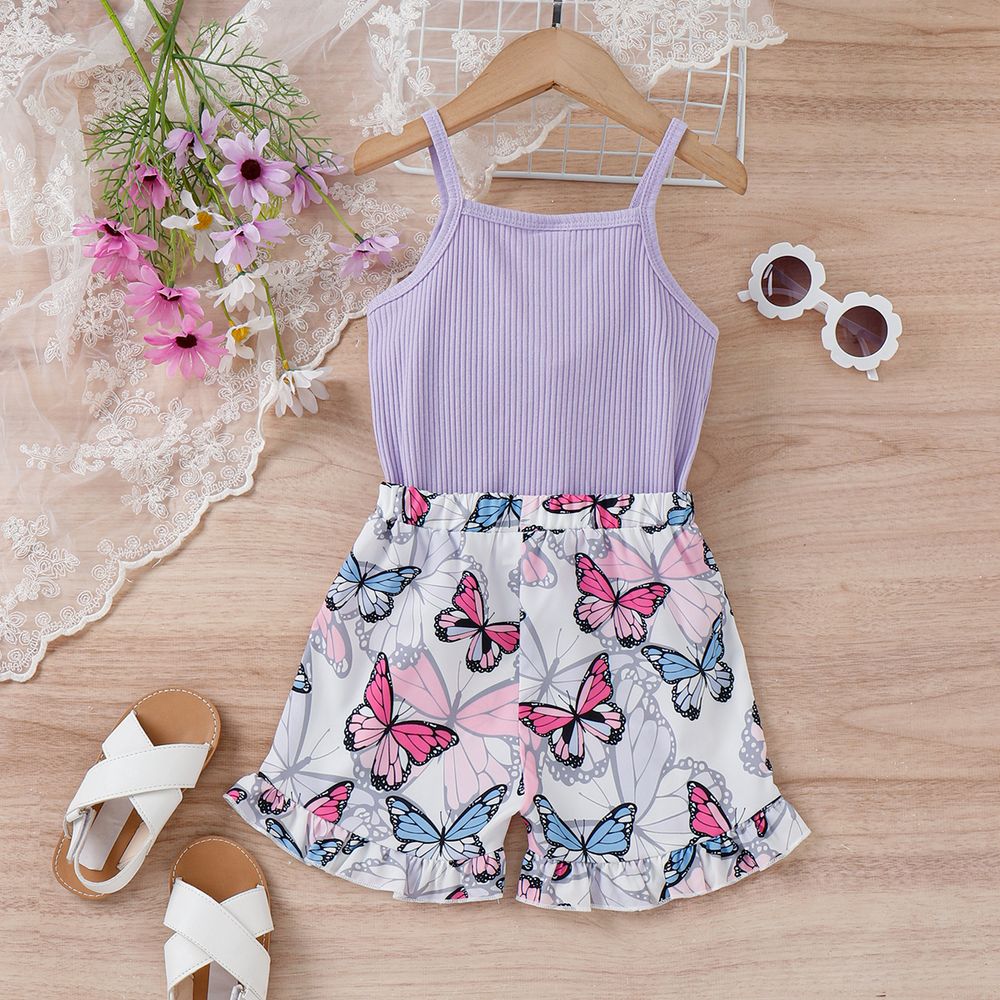 2pcs Toddler Girl Sweet Ruffled Ribbed Camisole and Butterfly Print Shorts Set Purple big image 6