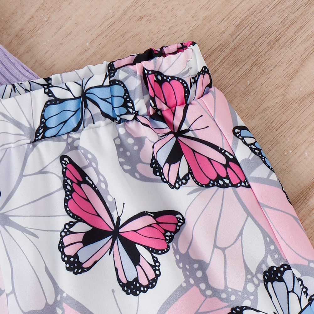 2pcs Toddler Girl Sweet Ruffled Ribbed Camisole and Butterfly Print Shorts Set Purple big image 4