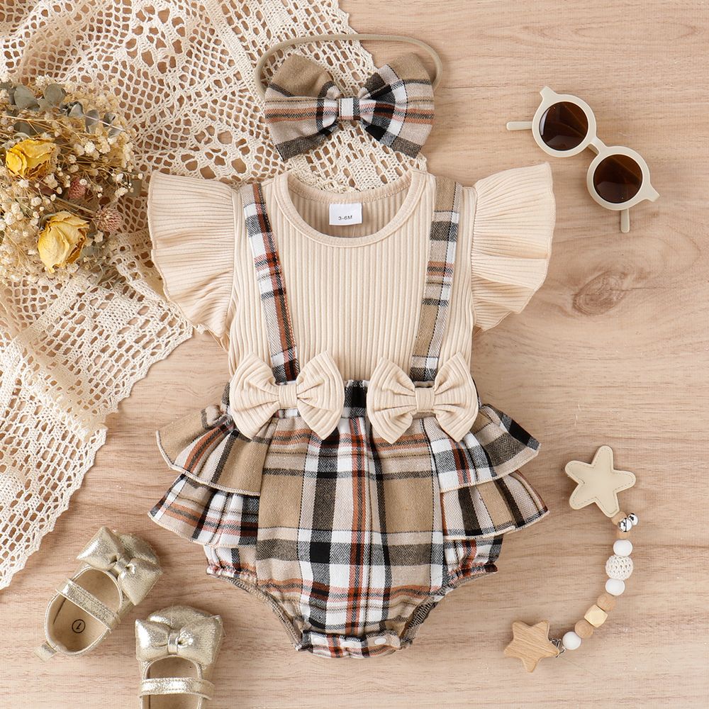 2pcs Baby Girl 95% Cotton Ribbed Ruffle-sleeve Bow Decor Spliced Plaid Romper & Headband Set Apricot big image 1