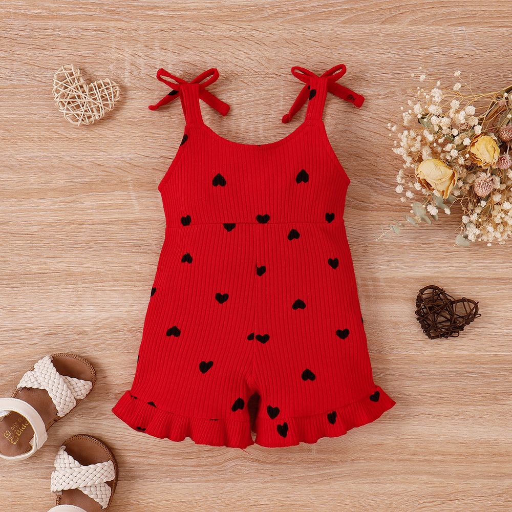 Baby Girl Cotton Ribbed Allover Heart Print Bow Front Ruffle Trim Cami Romper Red big image 2