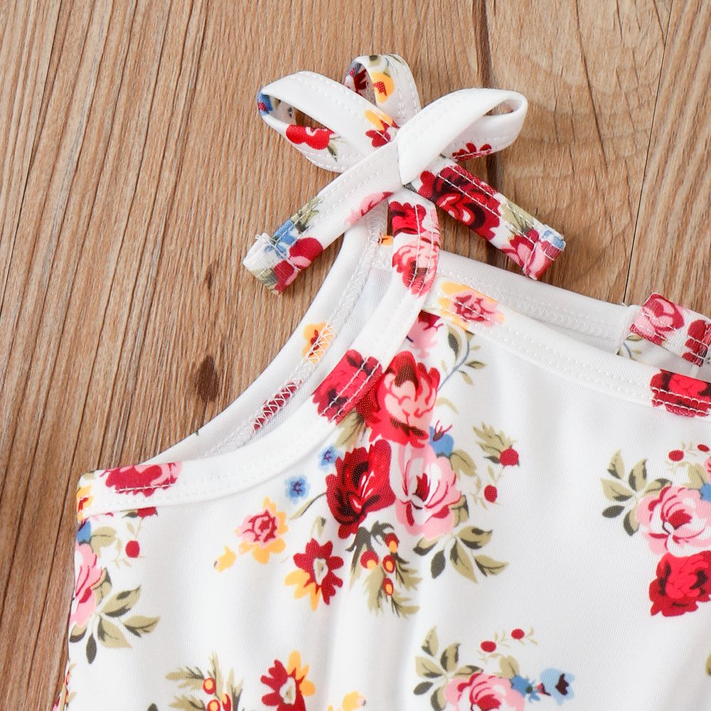 Toddler Girl Sweet Floral Print Bowknot Design Sleeveless Jumpsuits Multi-color big image 4